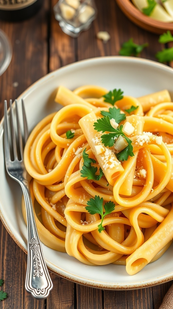 A delicious plate of pasta with garlic butter sauce, garnished with parsley and Parmesan cheese.